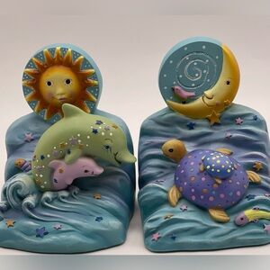 🐢🌙 Whimsical Ocean Nursery Bookends – Sun Moon Dolphins Turtle Resin Pair